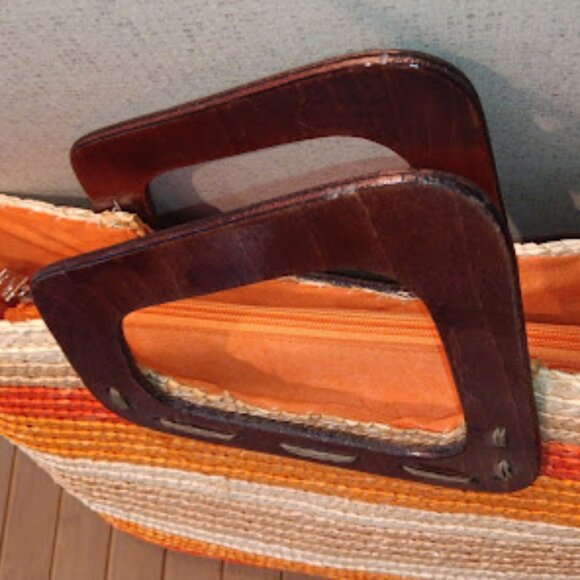 Sun N' Sand Multi-Color Orange Wicker Basket Bag with Brown Wood Handles - Picture 6 of 11